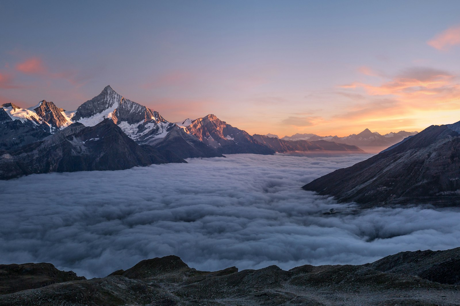 Annapurna Base Camp panorama with the Annapurna massif reflected at sunrise